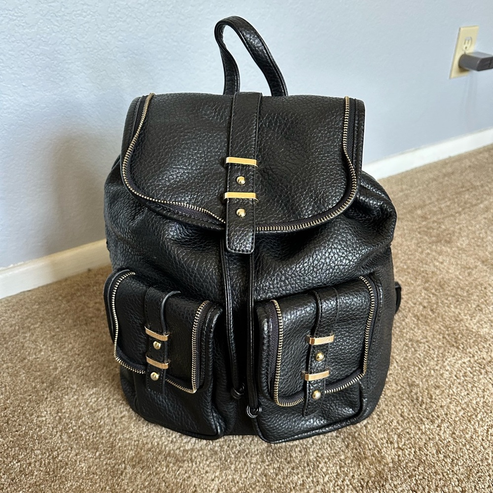 Medium Black Faux Leather Backpack